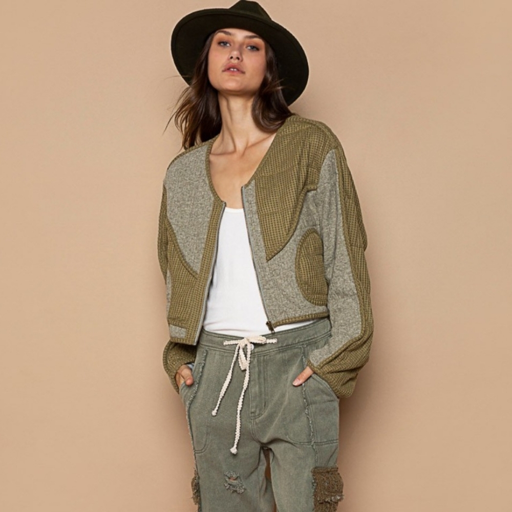 POL Olive Quilted Knit Viding Detail Knit Patch Jacket